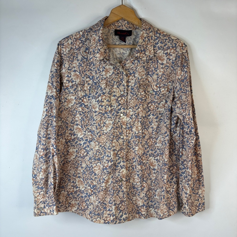 Denim & Co Button Down Shirt Womens Large Blue Floral Snap Front Cotton Western